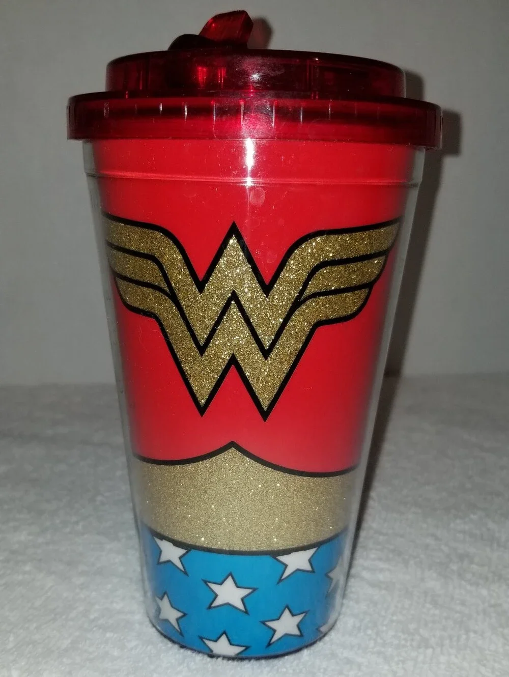 Red Glitter Wonder Woman Reusable Drink Tumbler